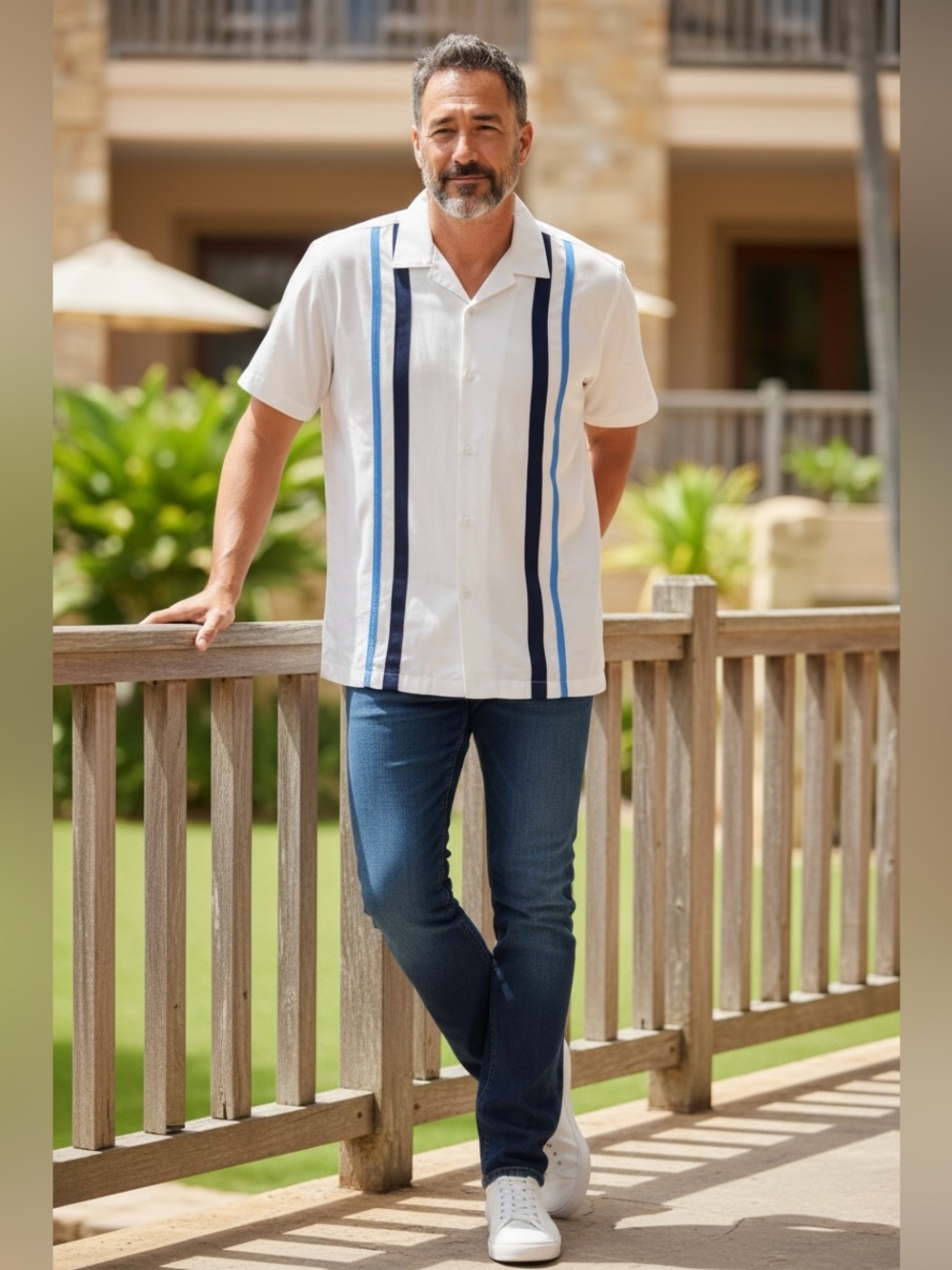 Cubavera White Short-Sleeve Camp Shirt with Navy and Light Blue Stripes AGW001